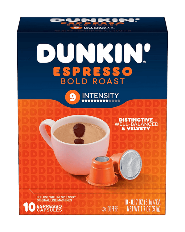 Dunkin’ Espresso Bold Roast Coffee Nespresso Original Capsules Box of 10